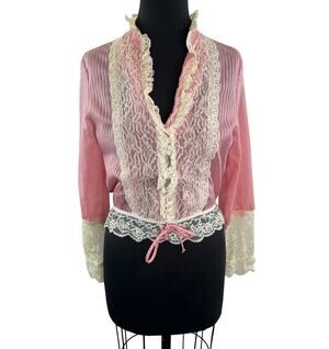 VINTAGE Pink Lace Blouse Ruffled Victorian Style Long Sleeve Top Size Medium